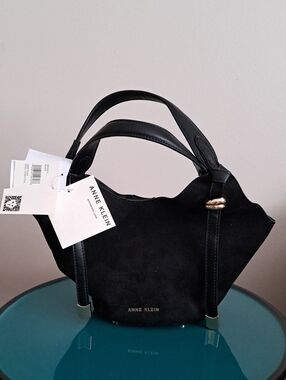 Anne Klein Black Suede Shoulder Bag with Gold Accent